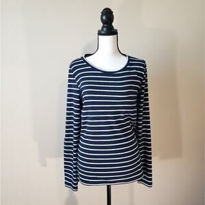 Pixley Greenich Women's L Navy & White Striped Knit Top With Leather Elbow Patch